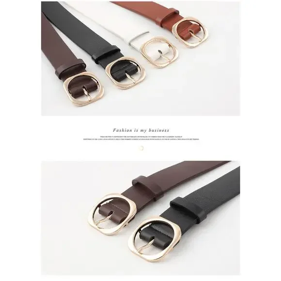 Belt Classic Faux Leather Black Square Metal Buckle Gold Tone Metal Buckle - Picture 3 of 6